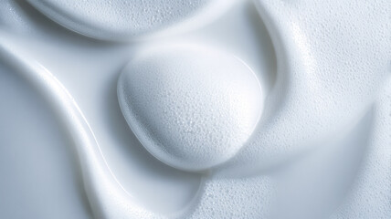 White soap foam creating abstract smooth shapes and flowing swirls, representing cleanliness and skincare concept
