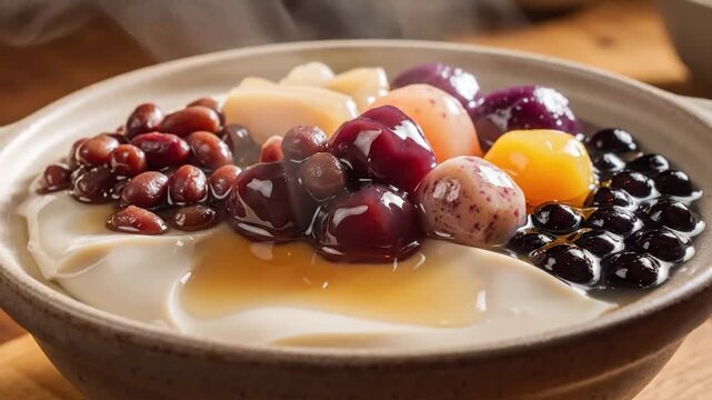 A steaming hot bowl of Taiwanese tofu pudding with mixed toppings