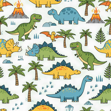 Colorful Dinosaur Pattern Prehistoric Reptiles and Tropical Plants 5.