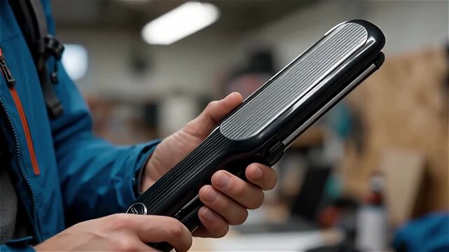 Close-up of a person holding a sleek grooming tool in a workshop environment, showcasing detailed design and modern aesthetics