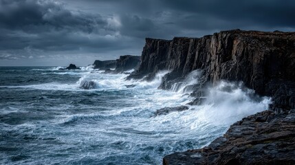 Fototapeta premium Waves crash against rocky cliffs during a stormy day along the coastline in an undisclosed location near the ocean