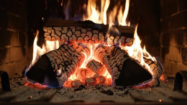 Cozy fireplace with burning logs and crackling flames in a warm and inviting living room setting