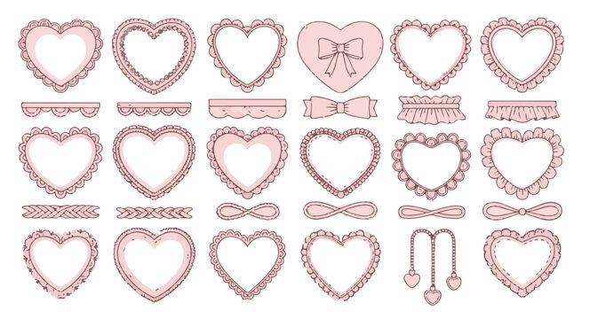 Cute pink heart frames and lace borders set with ruffles, bows, and decorative elements for romantic wedding or Valentine's Day design.