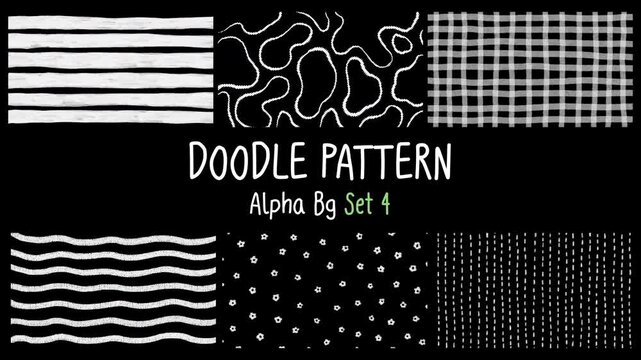 Cute Hand-drawn Imperfect pencil line animated background Infinity Loop (not seamless pattern), Horizon vertical, white doodle wiggle on alpha channel, transparent bg, Set 4