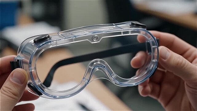 Close-up of clear safety goggles held in human hands, showcasing product detail and clarity in a modern workspace environment