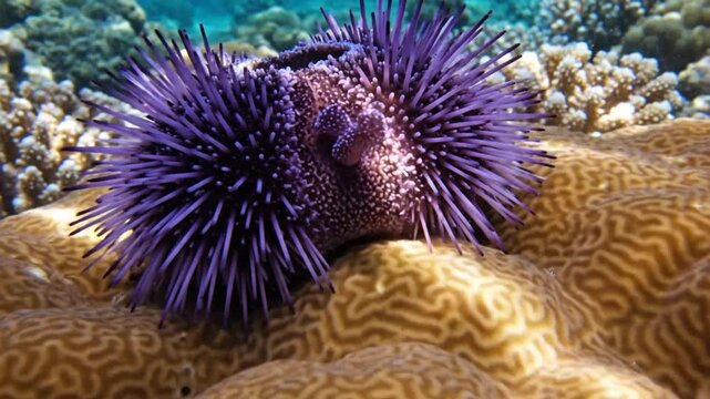 Striking underwater view of a vibrant purple sea urchin nestled on brown coral amidst marine life in ocean waters