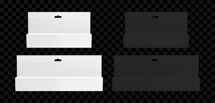 White hang box mockup. Carton black package for medicine. 3d thin rectangle product display container design for retail shop. Realistic small lip balm bag with hanger premium template set vector.