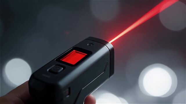 Close-up of a handheld laser device projecting a vibrant red beam against a soft-focus background with circular bokeh effects
