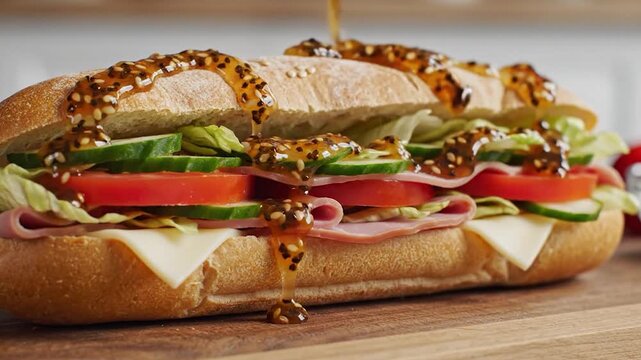Delicious fresh submarine sandwich being drizzled with a savory sauce