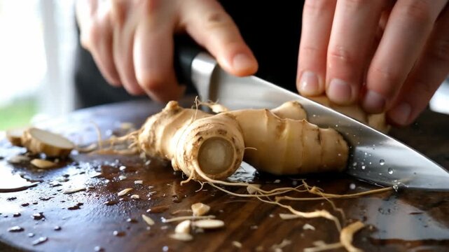 Close-up of hands slicing fresh ginger root on a wooden cutting board, showcasing detailed textures and natural juices