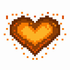 Fototapeta premium pixelated heart icon glowing with orange and brown shades, retro digital love symbol glowing with scattered squares
