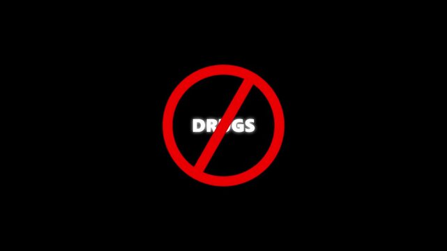 drugs prohibition sign animation, black background .Caution warning symbol, alert, error sign, 4K motion animation