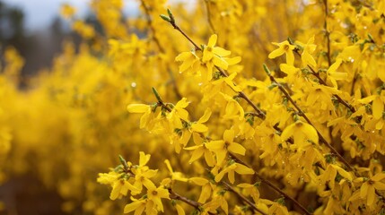 Bright yellow flowers bloom on branches in a sunny garden during springtime in the morning hours