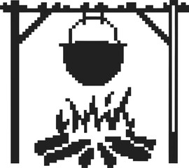 Pixel art campfire with hanging cooking pot, retro black and white camping icon, firewood flames and outdoor cooking concept