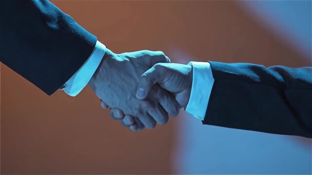 Two hands shaking in a business setting with a soft blue light and blurred colorful background focused on alliance and agreement