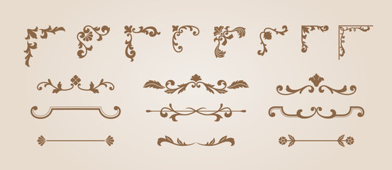 Obraz premium A vintage set of gold dividers and decorative corners with baroque swirls.