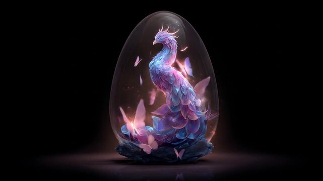 Fantasy bird sculpture within an eggshell against a dark backdrop