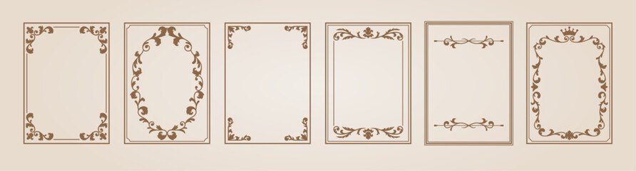 Naklejka na ściany i meble Brown vintage ornate frame vector set, fancy decorative element, rectangle ornament border, royal line floral art design