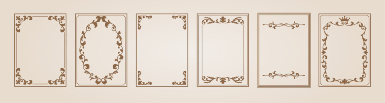 Brown vintage ornate frame vector set, fancy decorative element, rectangle ornament border, royal line floral art design
