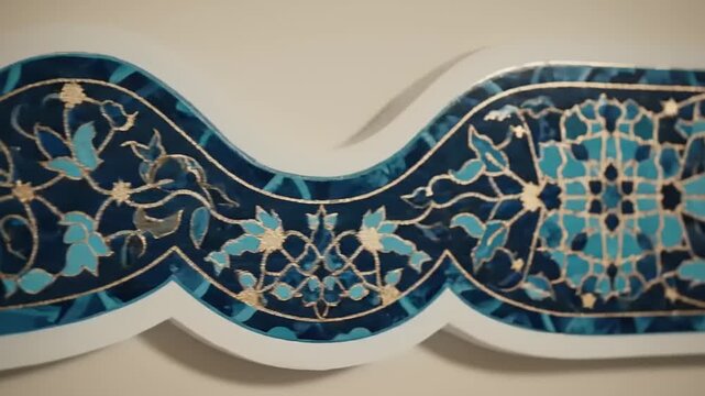 Vibrant blue and turquoise ceramic tile border featuring intricate floral arabesque patterns, a beautiful blend of traditional Middle Eastern art and elegant flowing design