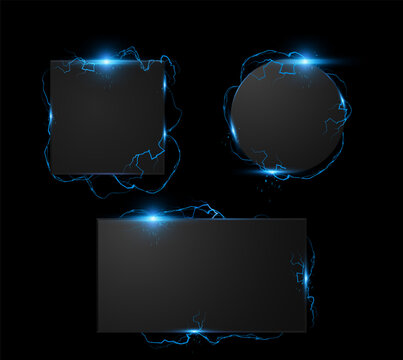Thunderbolt blue lightning spark effect frame with sparkles around black plates vector set, energy burst power charge
