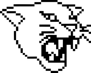 Pixel art wildcat roaring head with open mouth showing teeth and whiskers in black and white outline