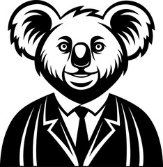 koala in suit and tie, black and white animal businessman, formal attire portrait