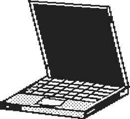 Black and white pixel art laptop with open screen and keyboard in retro digital