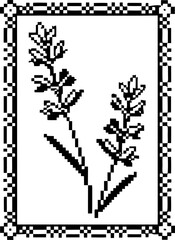 Pixel art black and white floral design with decorative checkered border in retro