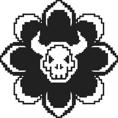 Pixel art flower with skull center in black and white retro digital design, spooky and gothic