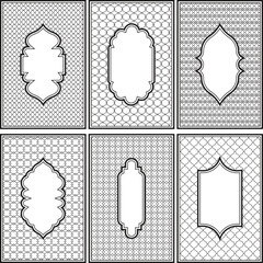 Set of Islamic Ramadan arch frames with ornate geometric pattern backgrounds