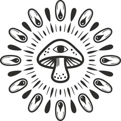 mushroom with eye symbol surrounded by capsule shapes in circular pattern, mystical and abstract design