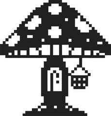 Pixel art mushroom house with door and hanging basket, 8 bit black and white game icon