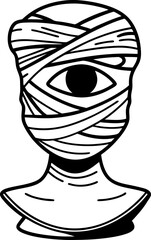 mummy head illustration with single large eye, wrapped in bandages monocolor drawing
