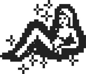 Pixel art woman reclining with sparkles around retro digital figure sitting, relaxing with glitter effects