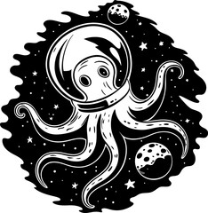 octopus astronaut floating in outer space with planets and stars, cosmic sea creature in space helmet adventure