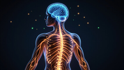 Illustration of human body highlighting neural networks and brain with glowing orange nerves connecting to spinal cord.
