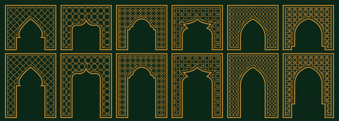 Islamic arch frame set with golden Arabic geometric pattern on green background for Ramadan and Eid