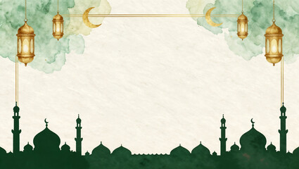 Ramadan Kareem Background with Islamic Lantern and Mosque Border