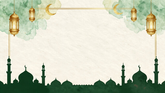Ramadan Kareem Background with Islamic Lantern and Mosque Border