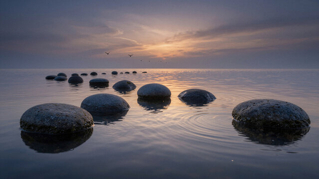 Smooth stones form a path across calm water at sunset, reflecting warm hues in the still surface.