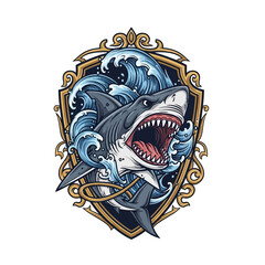 Powerful Great White Shark Emerging from Ocean Waves in Ornate Shield Design.