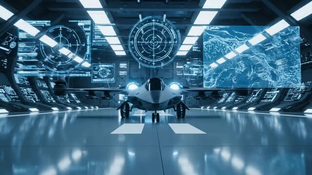 Futuristic stealth fighter jet in tech hangar with advanced digital interface and holographic ultra modern military aviation concept 4 K