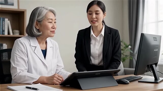 Two women in a modern office discussing over a digital tablet, with one woman showing data while the other looks attentively