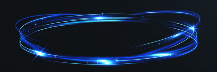 Glowing blue neon light ring with sparkles and motion trail on dark opaque background, futuristic energy circle effect.