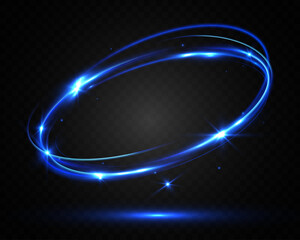 Glowing blue neon light ring with sparkles and motion trail on dark opaque background, futuristic energy circle effect.