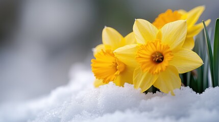 Yellow daffodils blooming through melting snow. Spring background symbolizing renewal, hope and new beginnings, copy space