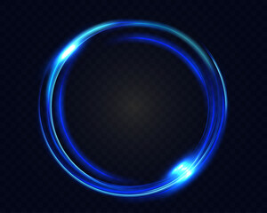 Bright blue neon circular light frame with glow and motion trails on dark opaque background, futuristic energy ring effect.