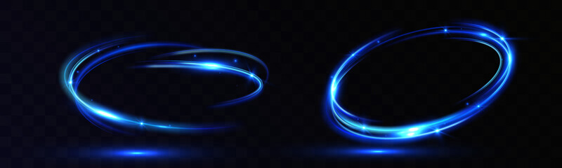 Blue neon light trails and glowing energy ring with sparkles on dark opaque background, futuristic motion abstract effect.