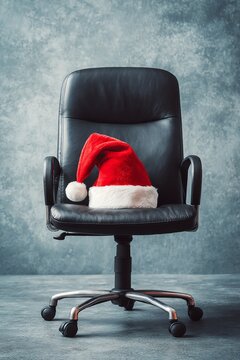 A humorous take on corporate holidays featuring a Santa hat perched on an office chair, showcasing festive office spirit.